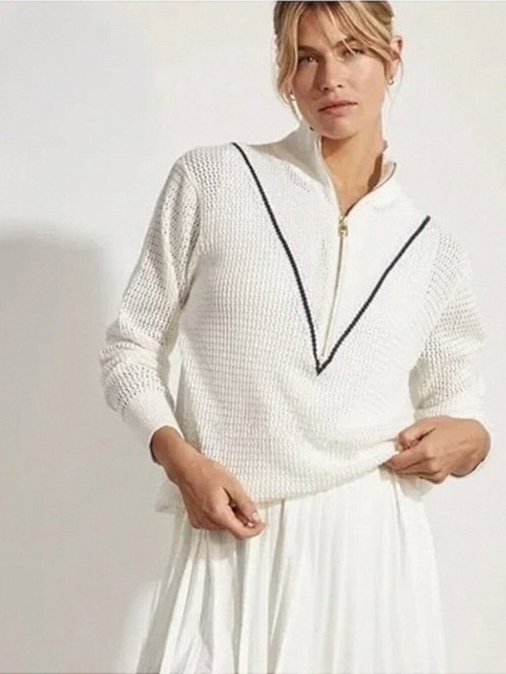Varley "Calva" Knit Sweatshirt White Ivory Navy Half Zip Cotton Pullover - NWOT - Picture 2 of 12